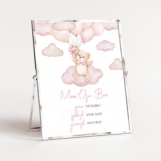 Pink Baby Bear Balloon Baby Shower Mom Osa Bar Poster (Pink Baby Bear Balloon Baby Shower Mom Osa Bar Sign)