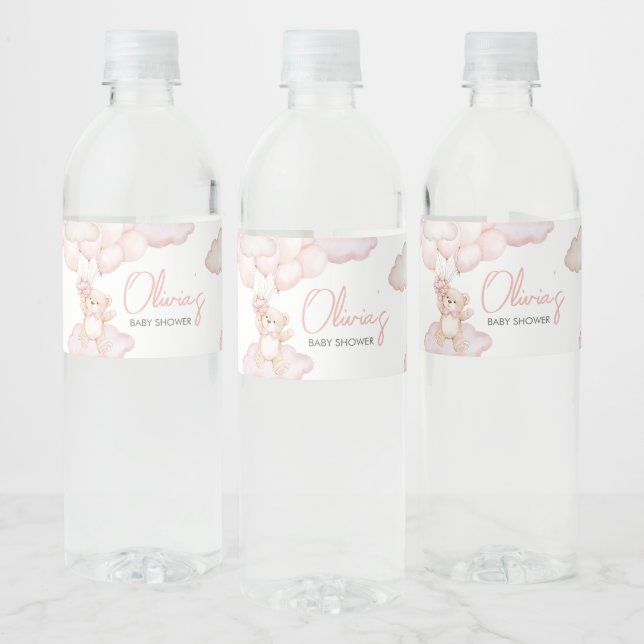 Pink Baby Bear Balloon Baby Shower Water Bottle Label (Bottles)