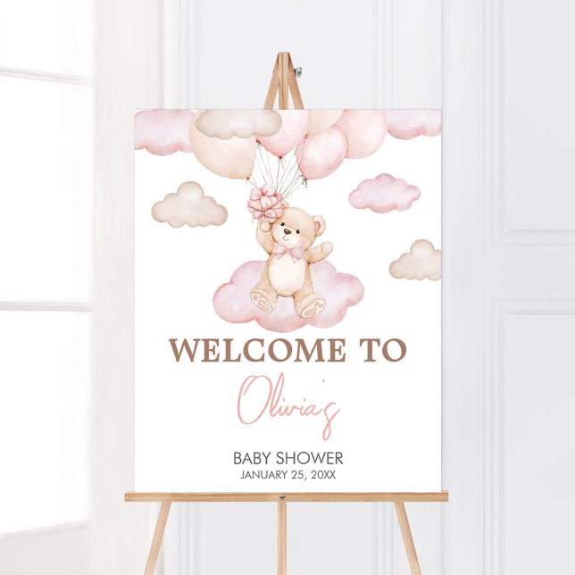 Pink Baby Bear Balloon Baby Shower Welcome Poster (Pink Baby Bear Balloon Baby Shower Welcome Sign)