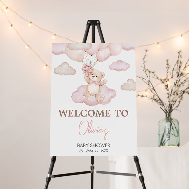 Pink Baby Bear Balloon Baby Shower Welcome Sign (In Situ (Stand))