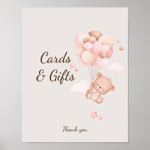 Pink Baby Bear & Balloons Baby Shower Custom Sign