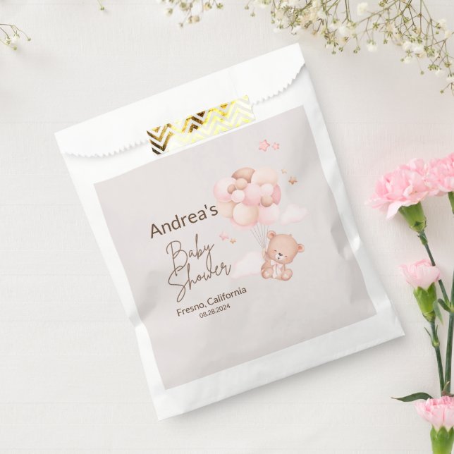 Pink Baby Bear & Balloons Baby Shower  Favor Bag (Sealed)
