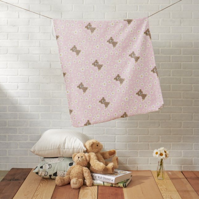 Pink Baby Bear Floral Daisy Baby Blanket (In Situ)