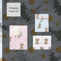 Pink Baby Bear Floral Daisy Wrapping Paper Set