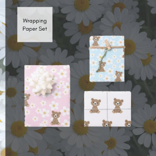 Pink Baby Bear Floral Daisy Wrapping Paper Set