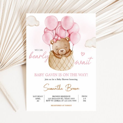 Pink Baby Bear Hot Air Balloon Baby Shower Invitation