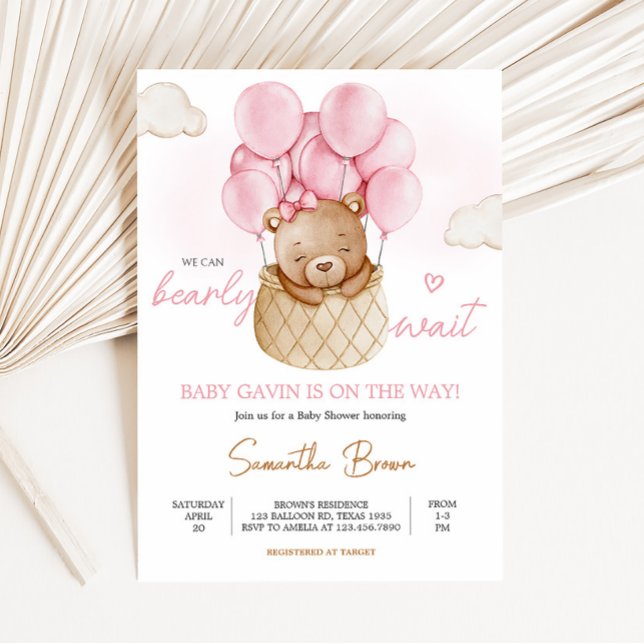 Pink Baby Bear Hot Air Balloon Baby Shower Invitation (Baby Bear Pink Baby Shower Invitation)