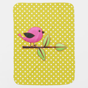 Pink Baby Bird Embroidery Leaf Yellow Blanket