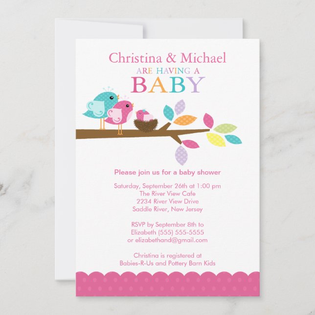 Pink Baby Bird Nest Baby Shower Invitations (Front)