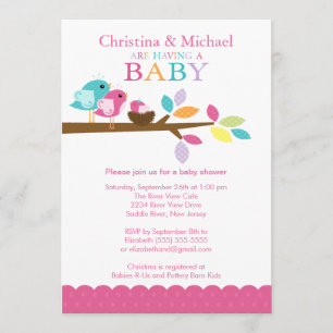Pink Baby Bird Nest Baby Shower Invitations