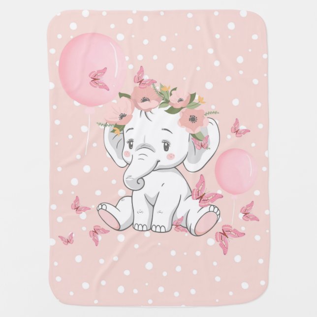 Pink Baby Blanket with Elephant and Butterflies (Front)