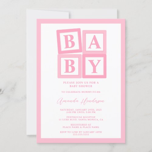 Pink Baby Blocks Girl Baby Shower Invitation