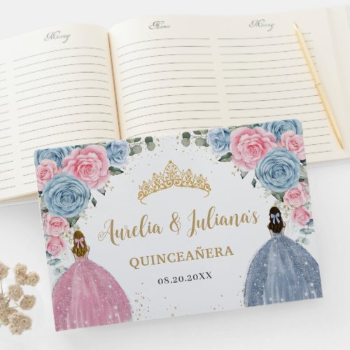 Pink Baby Blue Floral Princesses Twins Quinceaera Guest Book
