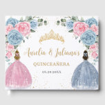 Pink Baby Blue Floral Princesses Twins Quinceañera Guest Book<br><div class="desc">Cherish your special day for the years to come with a customized guest book. Featuring a brunette quince girl in a baby blue gown and a blonde quince girl in a pink gown, pretty pastel baby blue and pale pink flowers and blue and pink butterflies. Personalize it with your details...</div>