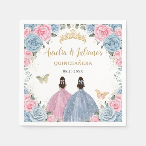 Pink Baby Blue Floral Princesses Twins Quinceaera Napkins