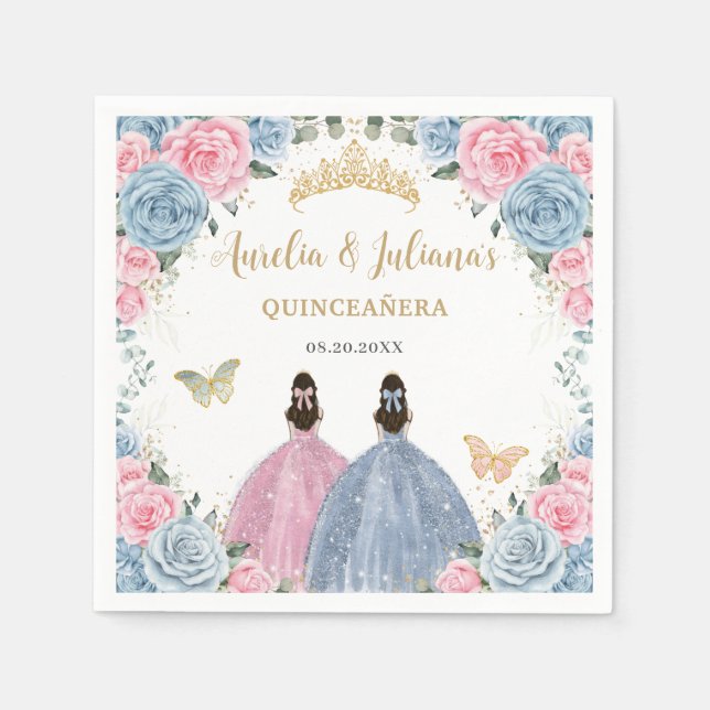 Pink Baby Blue Floral Princesses Twins Quinceañera Napkins (Front)