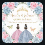 Pink Baby Blue Floral Princesses Twins Quinceañera Square Sticker<br><div class="desc">These coordinating square sticker labels feature two quince girls in a baby blue gown and in a pink gown, pretty pastel baby blue and pale pink flowers and blue and pink butterflies. Personalize them easily and quickly, simply press the customise it button to further re-arrange and format the style and...</div>