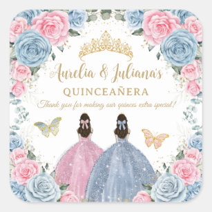 Pink Baby Blue Floral Princesses Twins Quinceañera Square Sticker