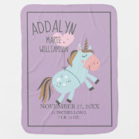 Pink Baby Blue Unicorn Baby Name Birthdate Weight Baby Blanket