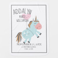 Pink Baby Blue Unicorn Baby Name Birthdate White Baby Blanket