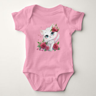 Pink Baby Bodysuit - Cute Cat Cartoon with Roses
