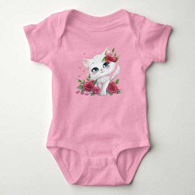 Pink Baby Bodysuit - Cute Cat Cartoon with Roses (Front)