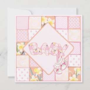 Pink Baby Booties Patchwork Baby Girl Shower Invitation