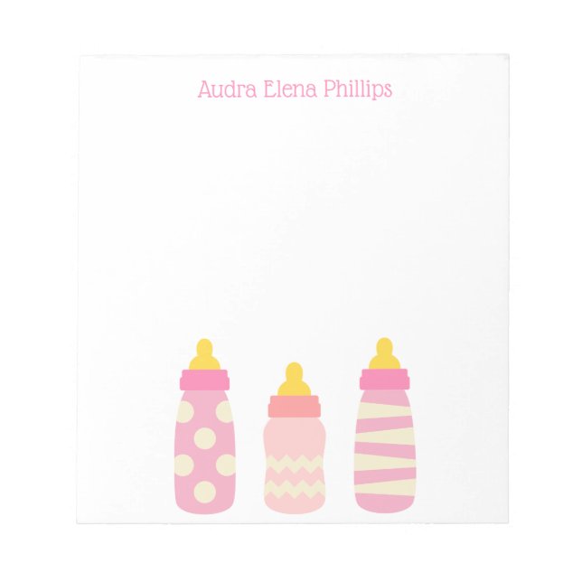 Pink Baby Bottles Personalized Notepad (Front)