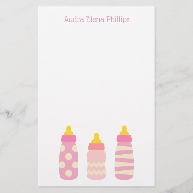 Pink Baby Bottles Personalized Stationery (Front)