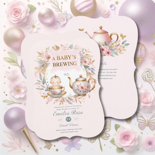 Pink Baby Brewing Tea Party Shower Floral Brunch   Invitation