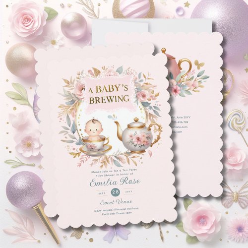 Pink Baby Brewing Tea Party Shower Floral Brunch Invitation