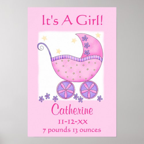Pink Baby Buggy Girl Name Birth Date Art Poster