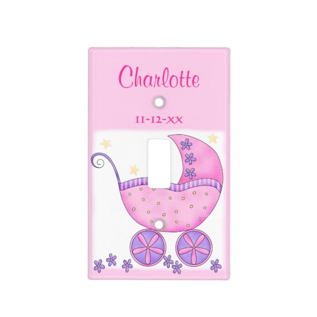 Pink Baby Buggy Girl Name Birth Date Personalized Light Switch Cover (Front)