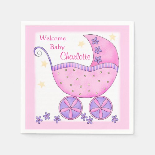 Pink Baby Buggy Girl Welcome Party Shower Napkins