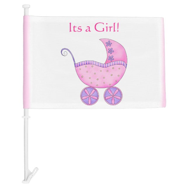 Pink Baby Buggy Its a Girl Birth Announcement Car Flag (Front)