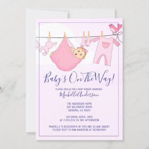 Pink Baby Bundle On Clothesline Baby Shower Invitation