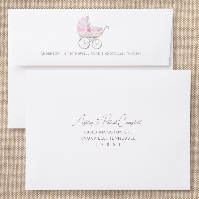 Pink Baby Carriage Addressed Envelopes (Linen)