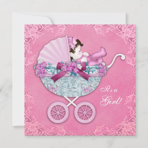Pink Baby Carriage Baby Girl Shower Invitation