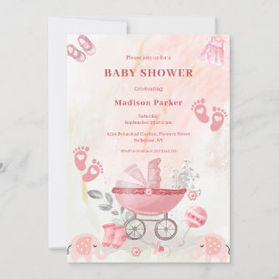 Pink Baby Carriage Baby Shower Invitation