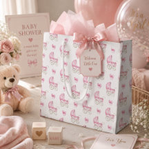 Pink Baby Carriage & Bow Watercolor