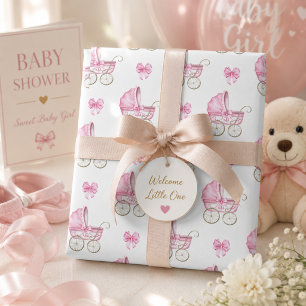 Pink Baby Carriage & Bow Watercolor Wrapping Paper Sheets
