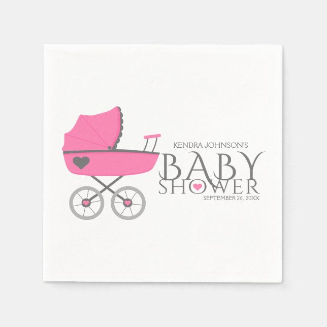 Pink Baby Carriage Girls Baby Shower Paper Napkins (Front)