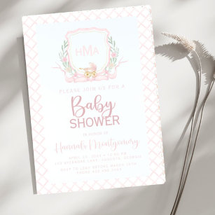 Pink Baby Carriage Monogram Baby Shower Invitation