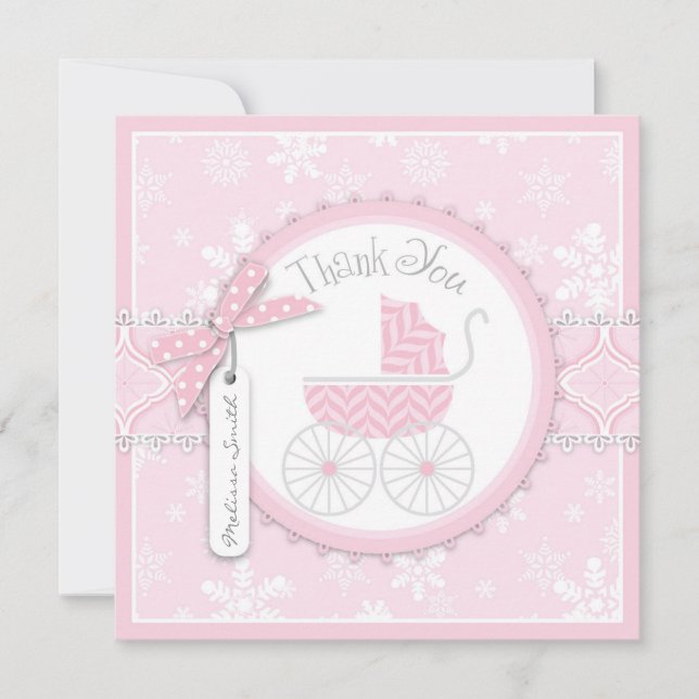 Pink Baby Carriage & Snowflakes Thank You Card (Front)