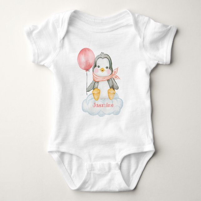 Pink Baby Cartoon Penguin And Cloud Personalized Bodysuit (Front)