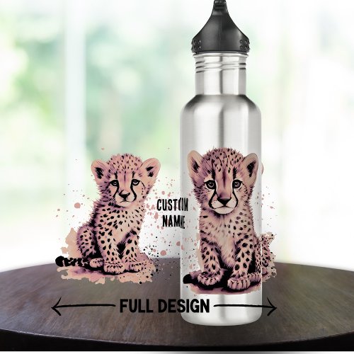 Pink Baby Cheetah Childs name  Stainless Steel Water Bottle