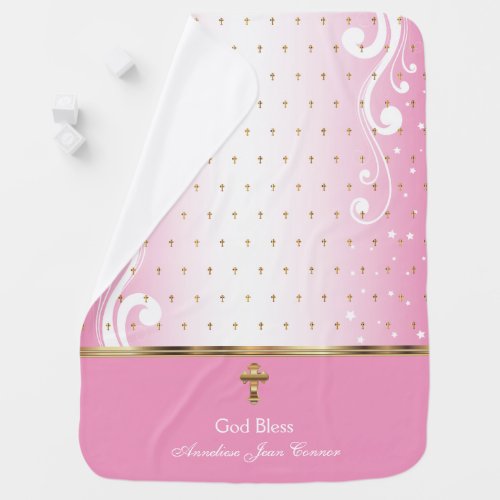 Pink Baby Christening  Baptism  Gold Crosses Baby Blanket