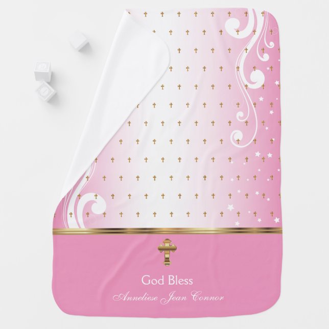 Pink Baby Christening | Baptism | Gold Crosses Baby Blanket (In Situ)