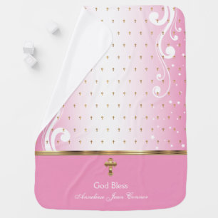 Pink Baby Christening   Baptism   Gold Crosses Blanket