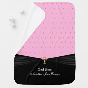 Pink Baby Christening   Baptism   Gold Crosses Blanket